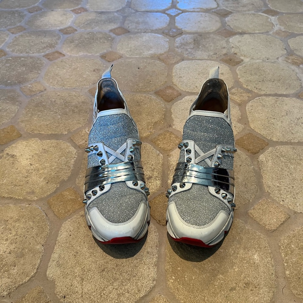 Christian Louboutin Silver Glitter & White Leather Sneakers with Red Soles